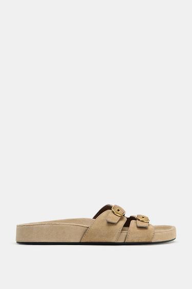SPLIT SUEDE BUCKLE SANDALS - Beige by Zara