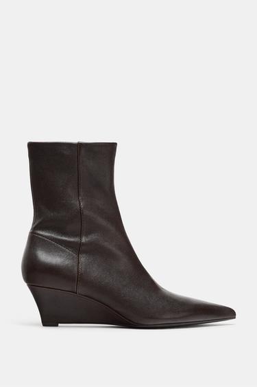 LEATHER WEDGE HEEL ANKLE BOOTS - Chocolate Brown by Zara