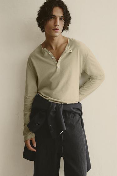 COTTON - LINEN HENLEY T-SHIRT - Dark beige by Zara