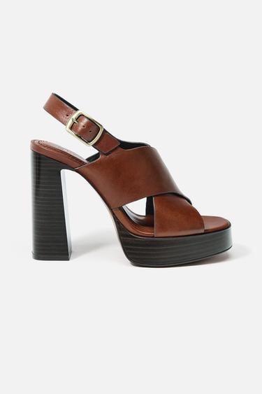 LEATHER HEELED SANDALS - Brown by Zara