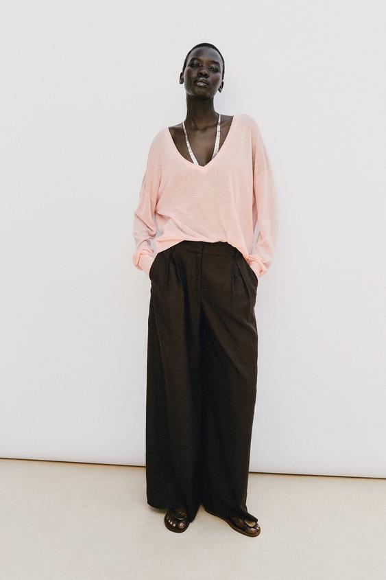 LINEN BLEND WIDE-LEG TROUSERS - Brown by Zara - Image 0