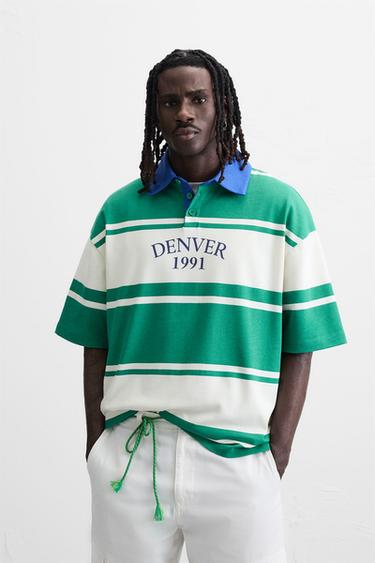 STRIPED TEXT POLO SHIRT - Green / Ecru by Zara