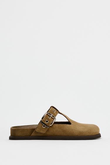 BUCKLE DETAIL SPLIT SUEDE CLOGS - Sand Brown by Zara