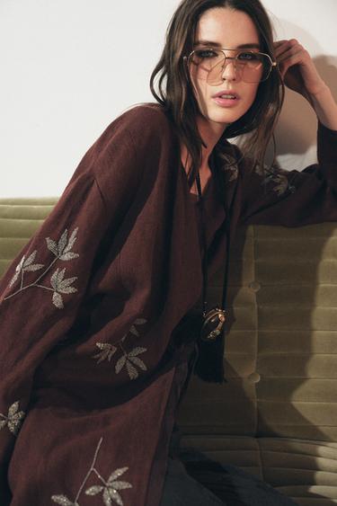 ZW COLLECTION EMBROIDERED LINEN KIMONO - Burgundy by Zara