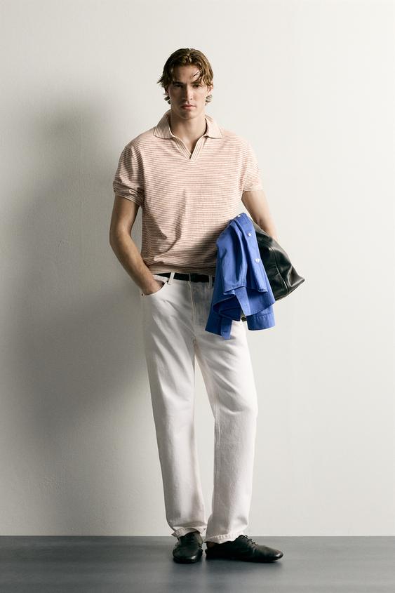 STRIPED JACQUARD KNIT POLO SHIRT - White / Red by Zara - Image 0