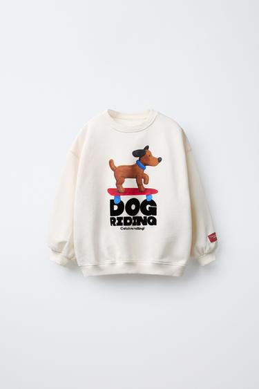 FLOCKED SLOGAN DOG PRINT SWEATSHIRT - Ecru by Zara