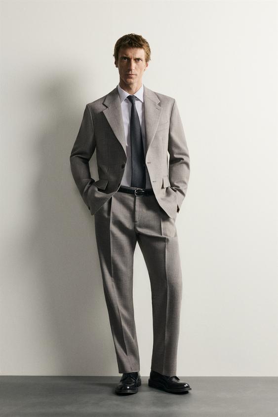 REGULAR FIT WOOL BLEND SUIT TROUSERS - Grey / Beige by Zara - Image 0