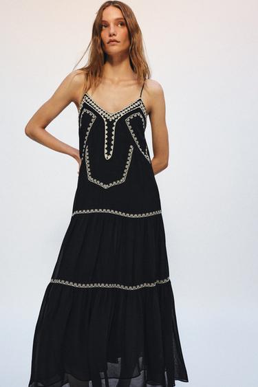 EMBROIDERED LONG DRESS ZW COLLECTION - Black / White by Zara