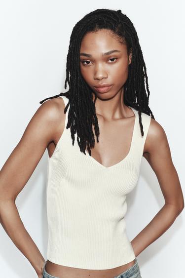 RIBBED KNIT V-NECK TOP - White by Zara
