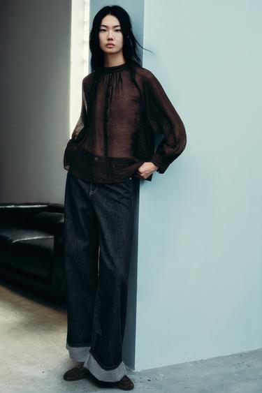 SEMI-SHEER PUFF SLEEVE BLOUSE - Brown by Zara