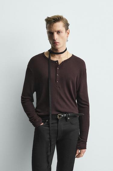 LYOCELL - COTTON HENLEY COLLAR T-SHIRT - Burgundy by Zara