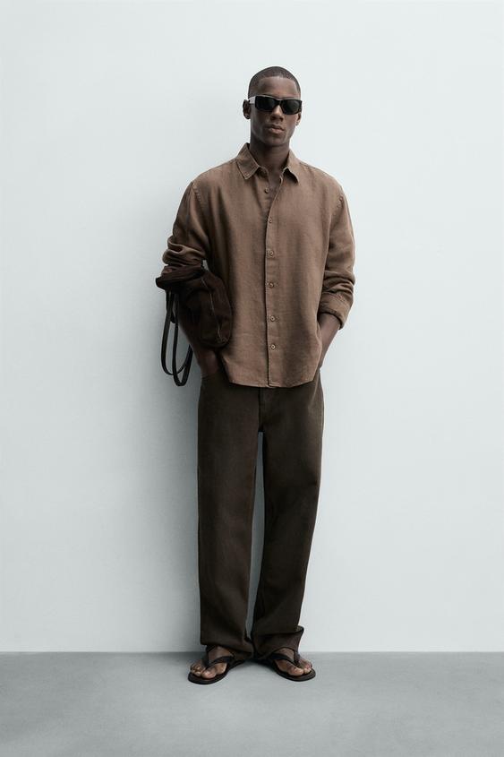 100% LINEN REGULAR FIT SHIRT - Brown by Zara - Image 0