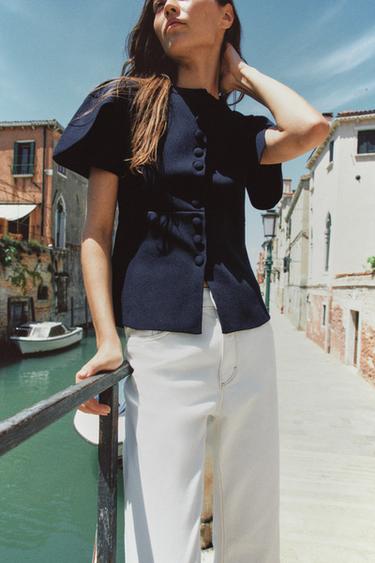 CARDIGAN WITH PUFF SLEEVES AND VENTS - Navy blue by Zara
