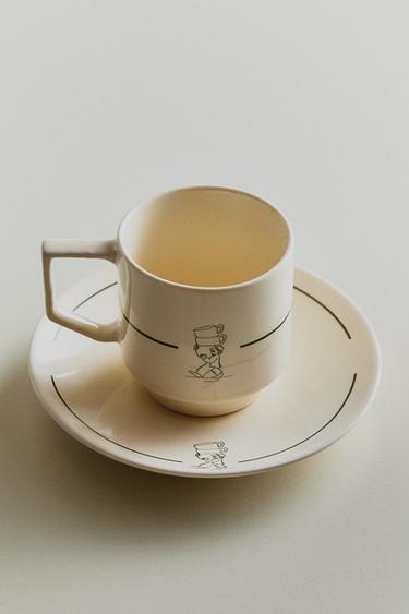 STONEWARE COFFEE CUP AND SAUCER - White / Green by Zara