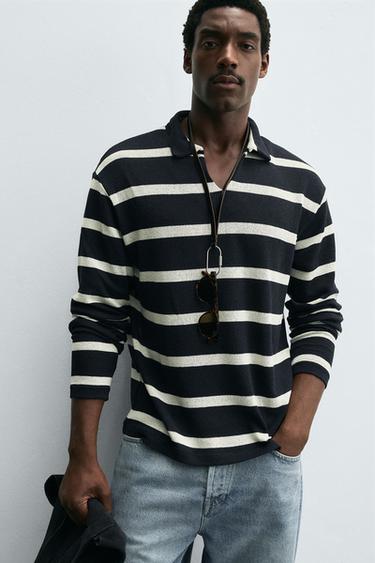 STRIPED JACQUARD POLO SHIRT - Navy blue by Zara