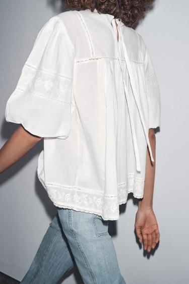 ZW COLLECTION EMBROIDERED ROMANTIC BLOUSE - Oyster-white by Zara