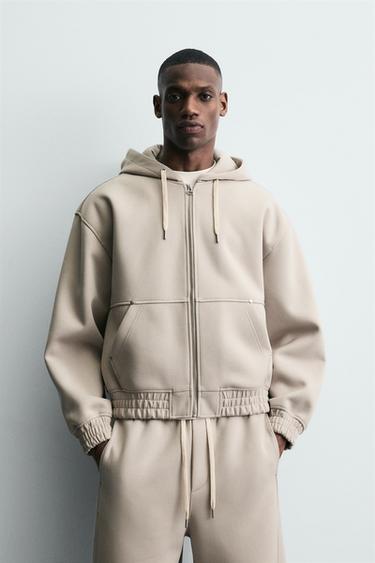 NEOPRENE-EFFECT ZIP-UP HOODIE - Stone by Zara