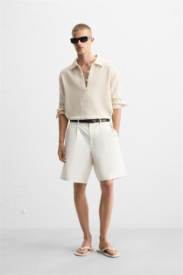 COTTON-LINEN PLEATED BERMUDA SHORTS - White by Zara - Image 0