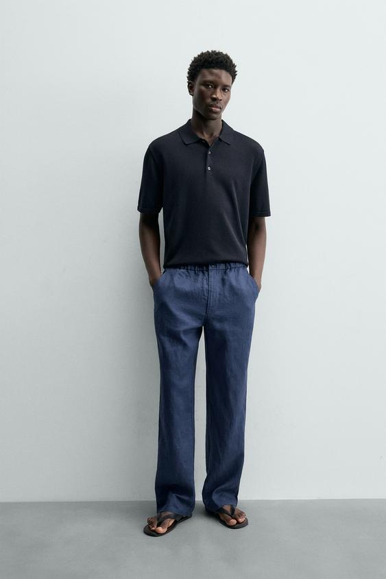 100% LINEN REGULAR FIT TROUSERS - Navy blue by Zara - Image 0