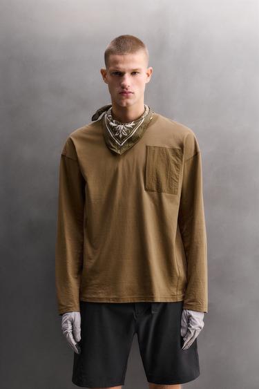 LONG SLEEVE T-SHIRT WITH POCKET - Light brown by Zara