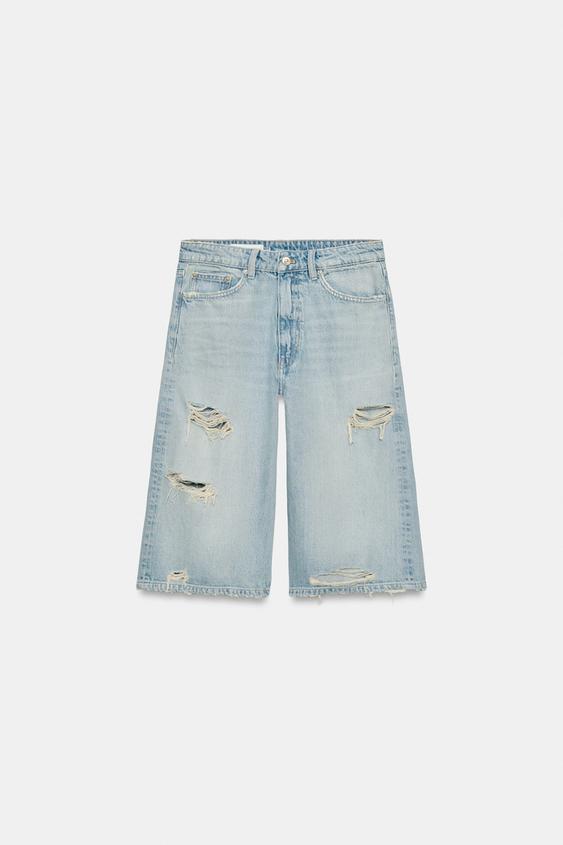 TRF MID-RISE RIPPED DENIM JORTS BERMUDA SHORTS - Light blue by Zara - Image 0