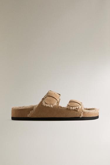 WARM SPLIT LEATHER DOUBLE-BUCKLE SANDALS - Taupe Grey by Zara