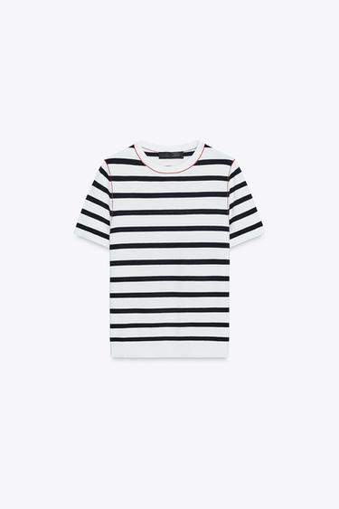 SHORT SLEEVE KNIT TOP WITH PIPED TRIMS - striped by Zara