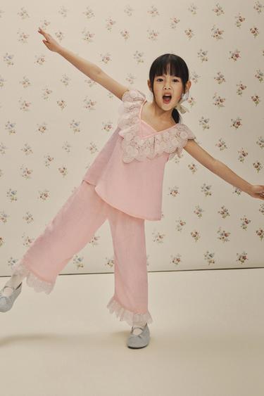 100% LINEN LACE TRIM TROUSERS - Pastel pink by Zara