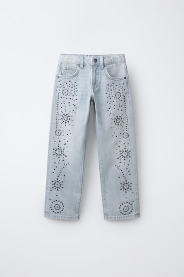 WIDE-LEG JEANS WITH STUDS - Blue by Zara