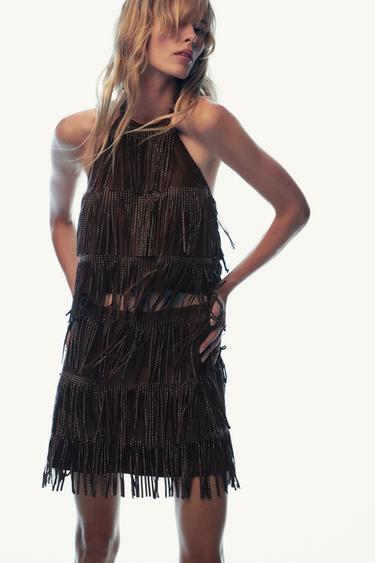 SPARKLY FAUX SUEDE EFFECT FRINGED TOP - Brown by Zara