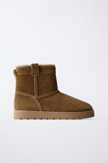 LEATHER ANKLE BOOTS WITH FAUX SHEARLING - Brown by Zara