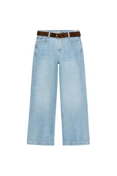 HIGH-WAIST WIDE-LEG CROPPED JEANS WITH BELT - Light blue by Zara