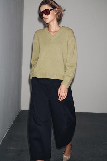 100% WOOL KNIT BASIC V-NECK SWEATER - Olive Green by Zara - Image 0