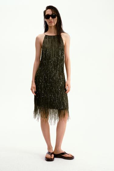 ZW COLLECTION SEQUINNED FRINGED DRESS - Green by Zara