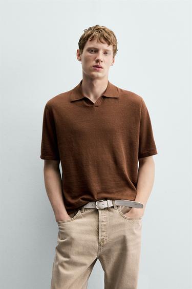 HEMP/COTTON KNIT POLO SHIRT - Brown marl by Zara