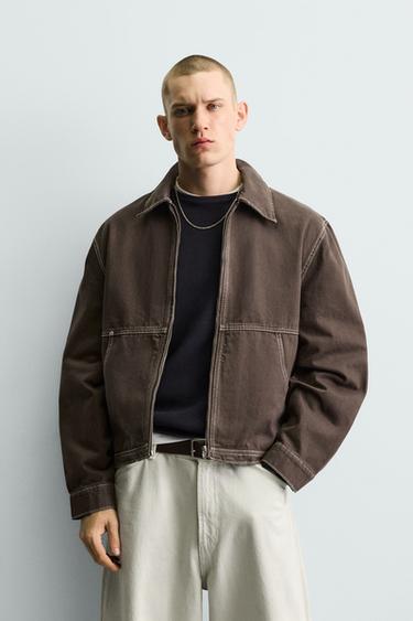 CONTRAST TOPSTITCHING BOXY JACKET - Brown by Zara