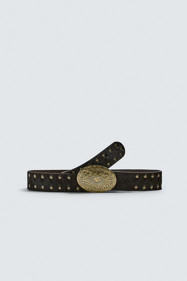 HAIRY LEATHER STUDDED BELT - Tobacco by Zara - Image 0