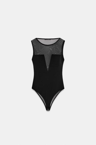 CREPE TULLE CONTRAST BODYSUIT - Black by Zara
