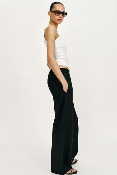LINEN BLEND STRAIGHT TROUSERS - Black by Zara