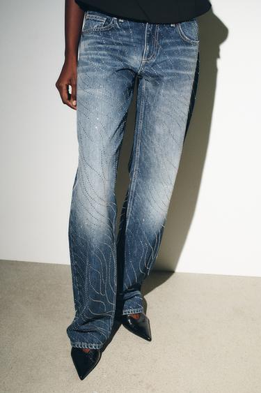 TRF LOW-RISE WIDE-LEG RHINESTONE JEANS - Blue by Zara
