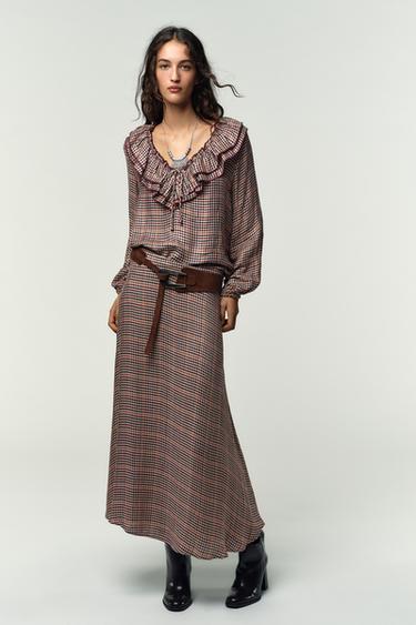 CHECK SKIRT WITH BELT - Brown / Ecru by Zara