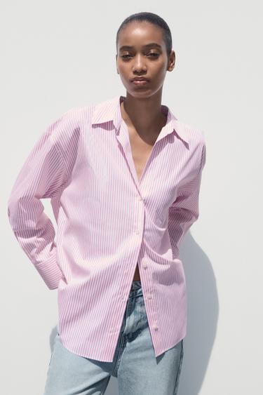 STRIPED POPLIN SHIRT WITH METALLIC THREAD - Pink / White by Zara