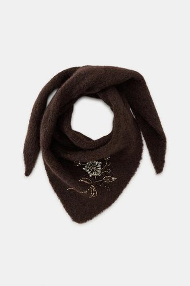 KNIT BANDANA WITH FLORAL BEADING - Brown by Zara