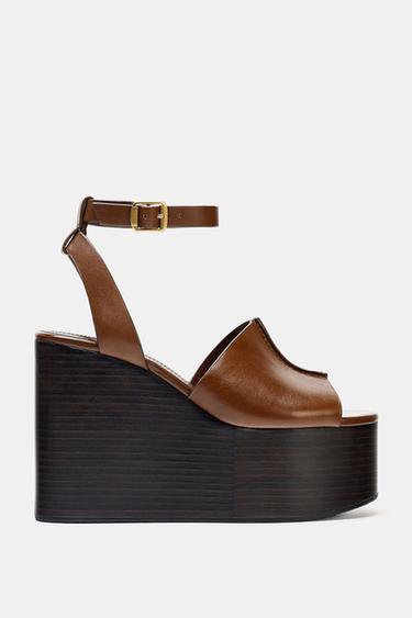 LEATHER WEDGE WITH STRAP - Brown by Zara