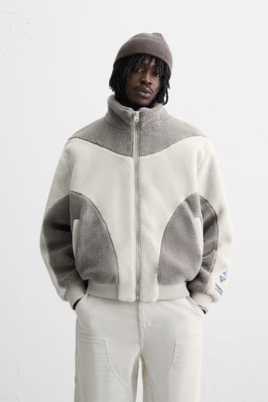COLOUR BLOCK FAUX SHEARLING JACKET - White / Grey by Zara