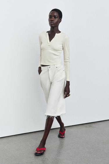 RIB LONG SLEEVE T-SHIRT - Ecru by Zara