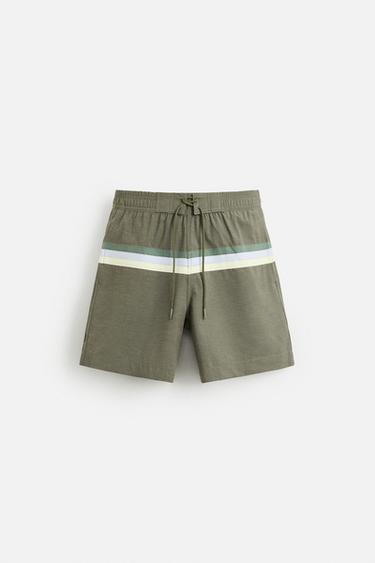 STRIPED LONG SWIMMING TRUNKS - Khaki by Zara - Image 0