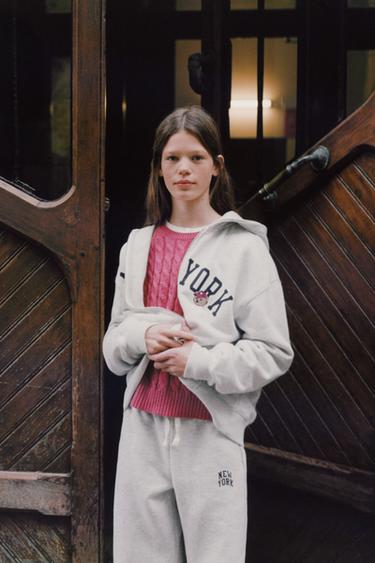 ZIP-UP HOODIE WITH SLOGAN PRINT - Grey marl by Zara