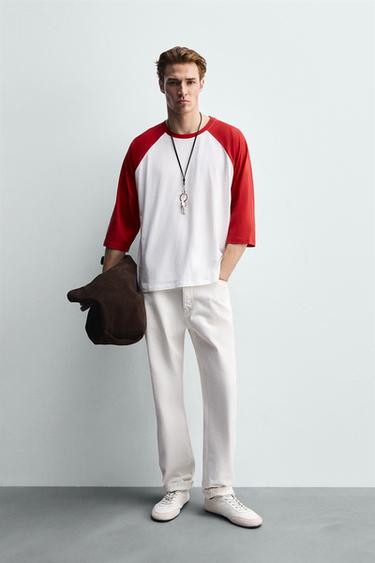 COLOUR BLOCK T-SHIRT - White / Red by Zara - Image 0