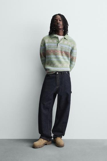 GEOMETRIC TEXTURED JACQUARD KNIT POLO SHIRT - Light green by Zara - Image 0